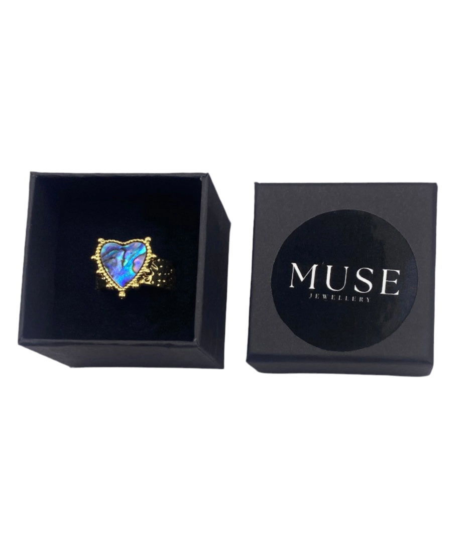 VIBRANT AOTEAROA PĀUA RING HEART DESIGN 18K GOLD PLATINUM PLATED