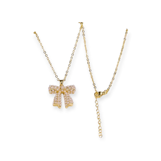 PEARL BOW NECKLACE - 18K GOLD PLATED CUBIC ZIRCONIA